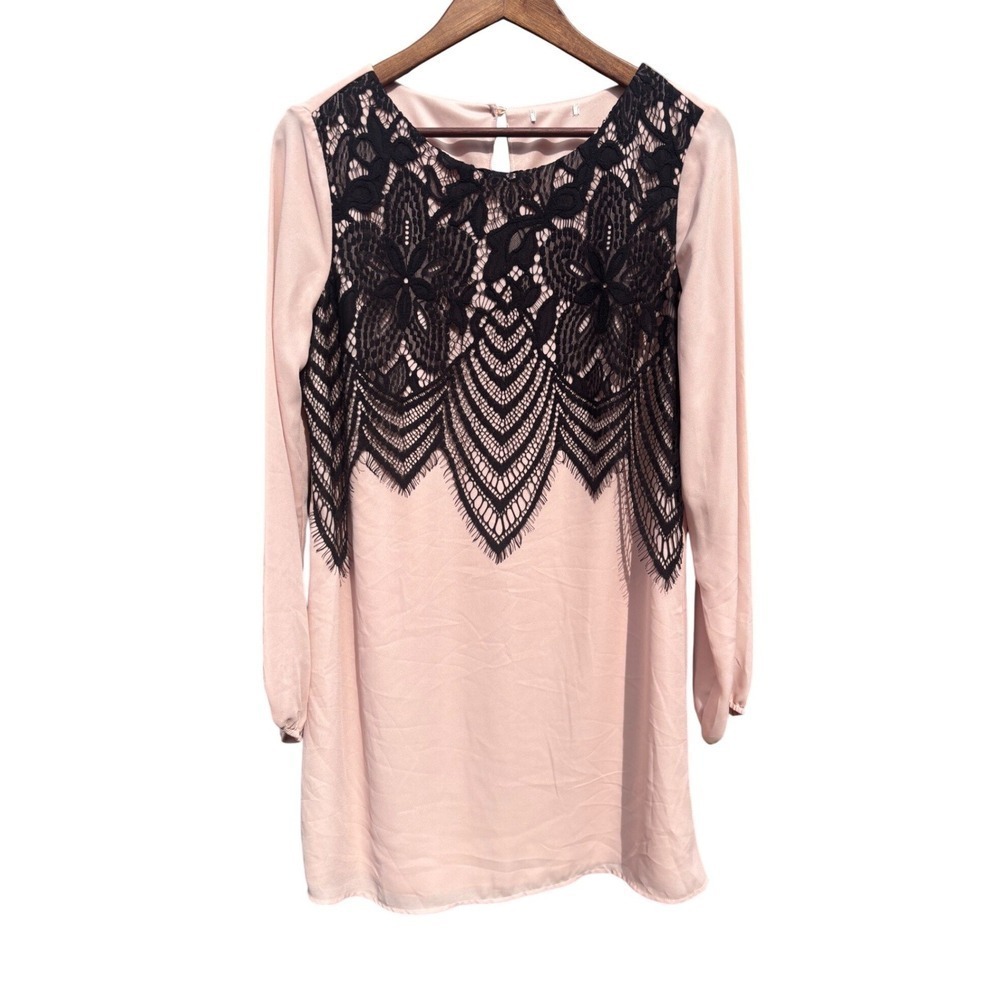 Lace Shift Dress Women Medium Pink Black Long Sleeve Chiffon